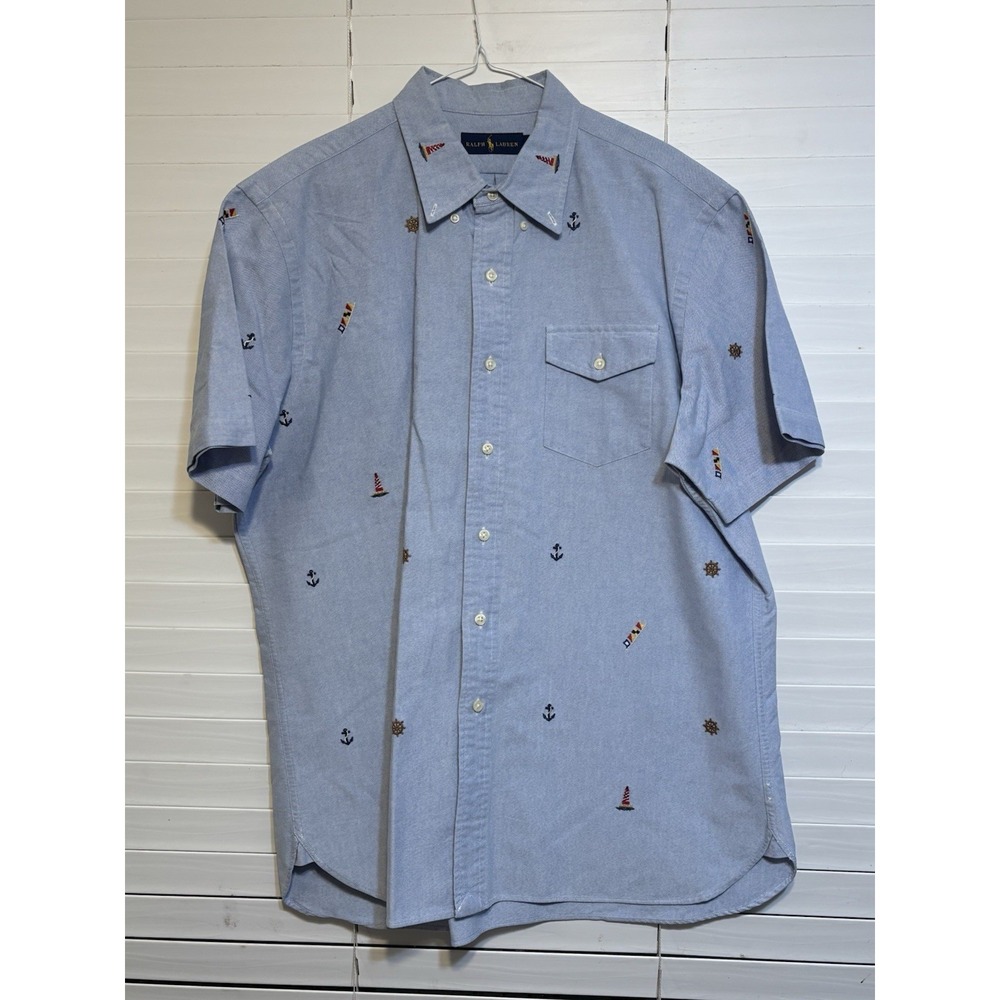 Polo Ralph Lauren Button Down Shirt Short Sleeve Embroidered Blue Mens Large